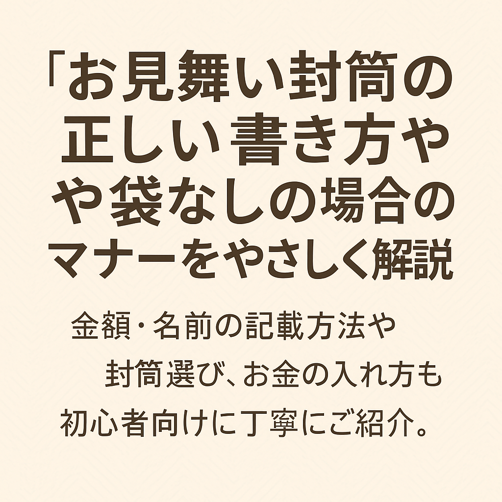 お見舞い封筒の正しい書き方や中袋なしの場合のマナーをやさしく解説した日本語テキスト画像。金額・名前の記載方法、封筒選び、お金の入れ方を初心者向けに丁寧に紹介。